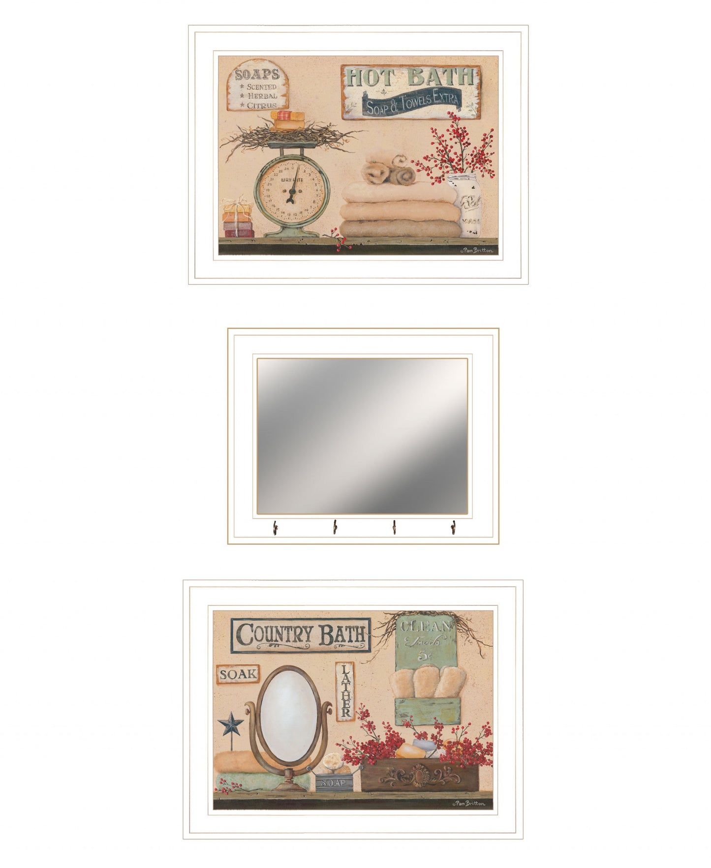 Set Of Three Wash Room White Rim Frame Bathroom Wall Art with Hooks