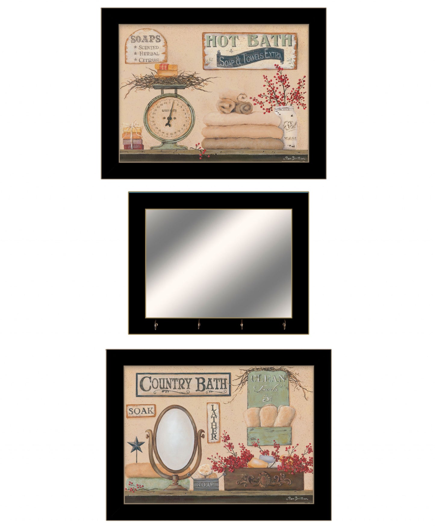 Set Of Three Wash Room Black Frame Bathroom Wall Art with Hooks