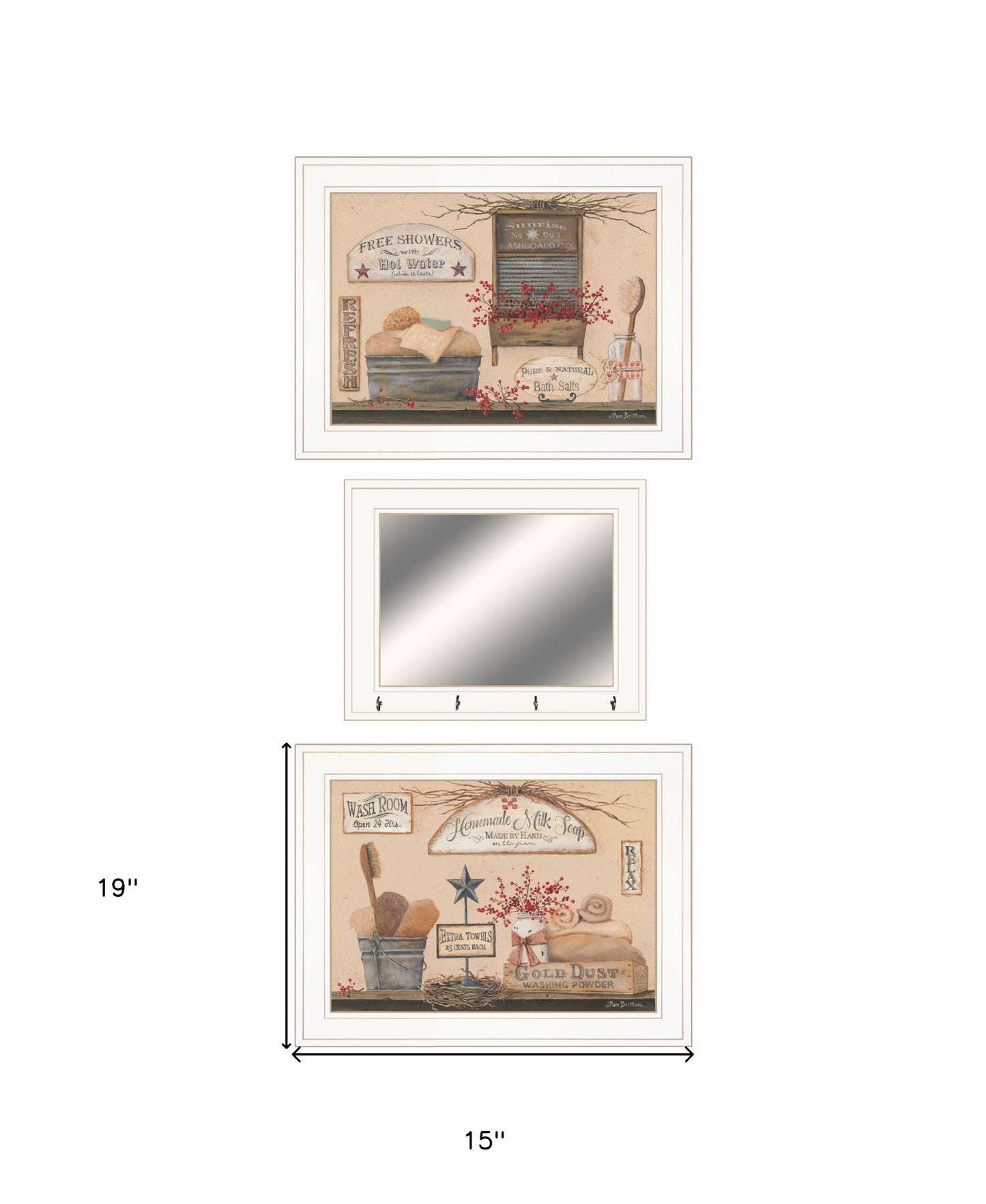 Set Of Three Wash Room White Frame Bathroom Wall Art with Hooks