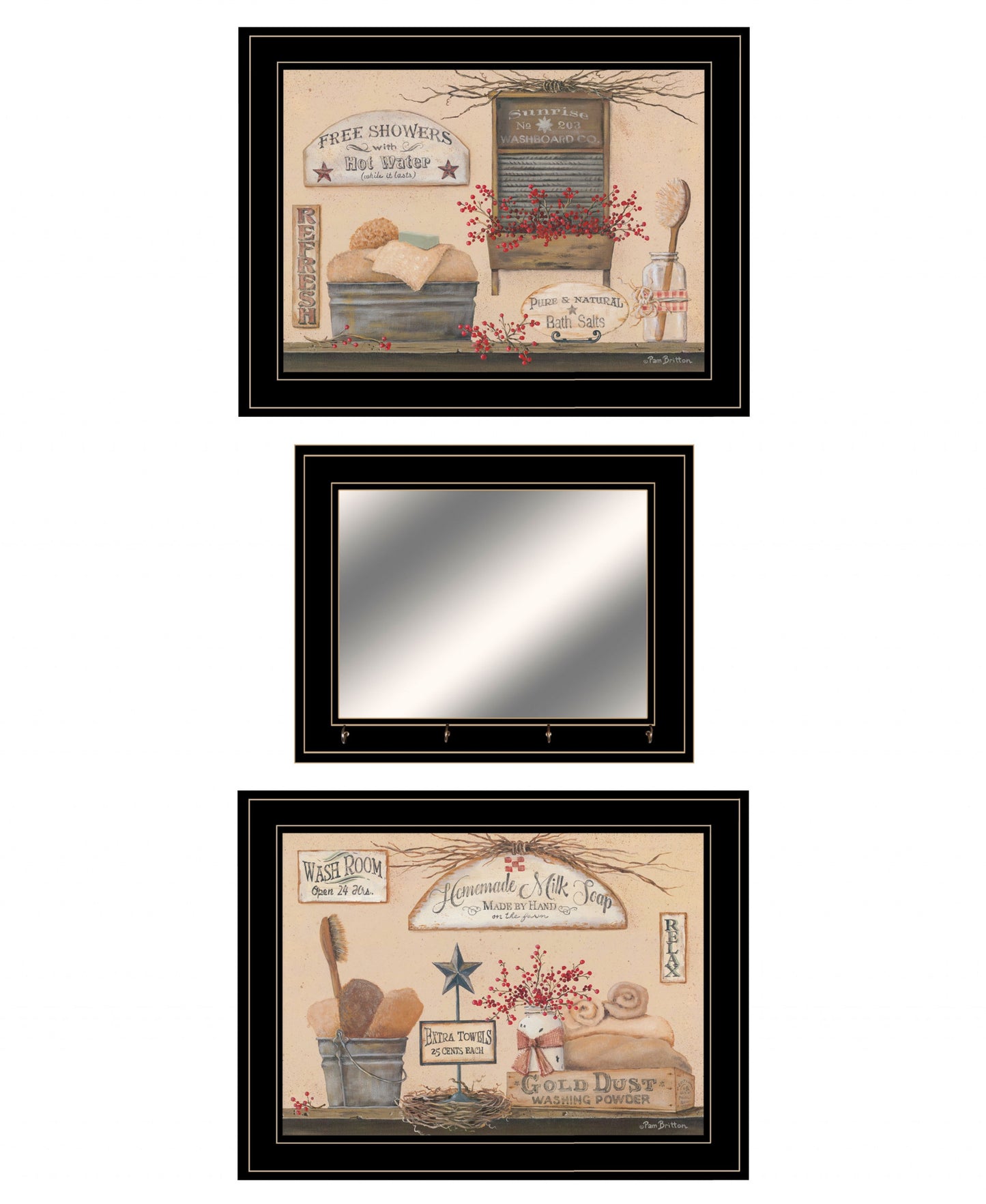 Set Of Three Wash Room 5 Black Framed Print Bathroom Wall Art