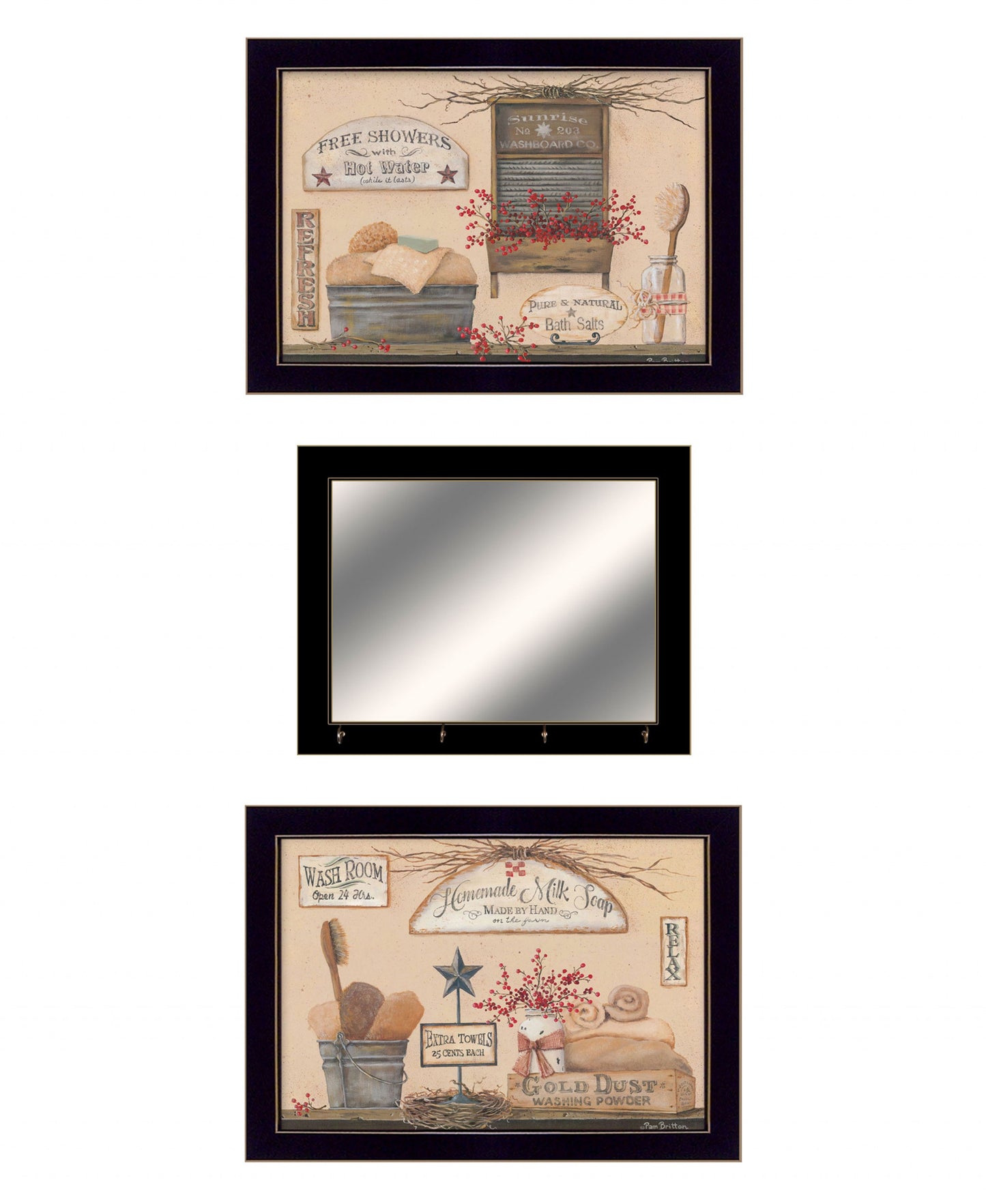 Set Of Three Wash Room 6 Black Framed Print Bathroom Wall Art