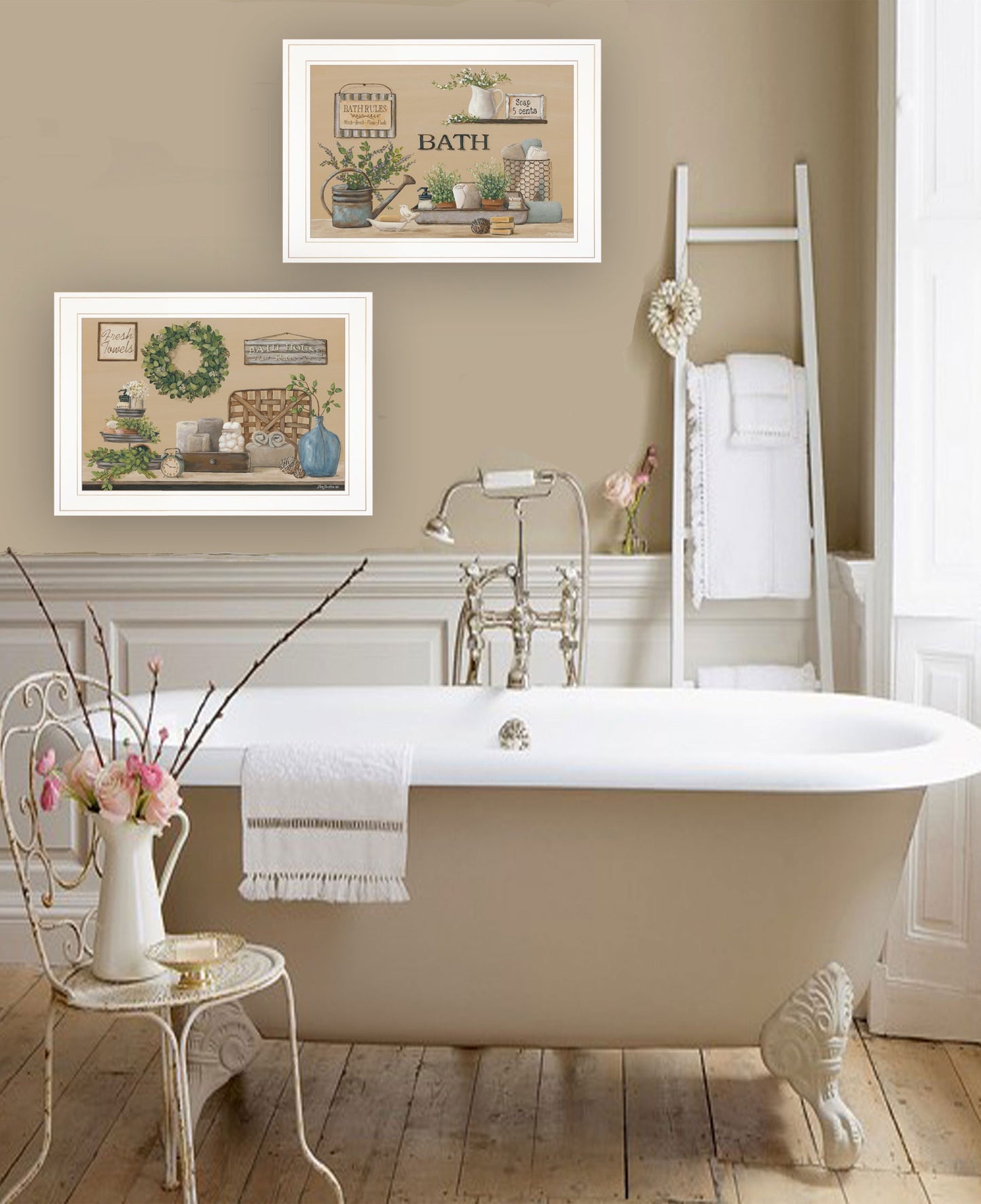 Set Of Two Bath Time 1 White Framed Print Bathroom Wall Art