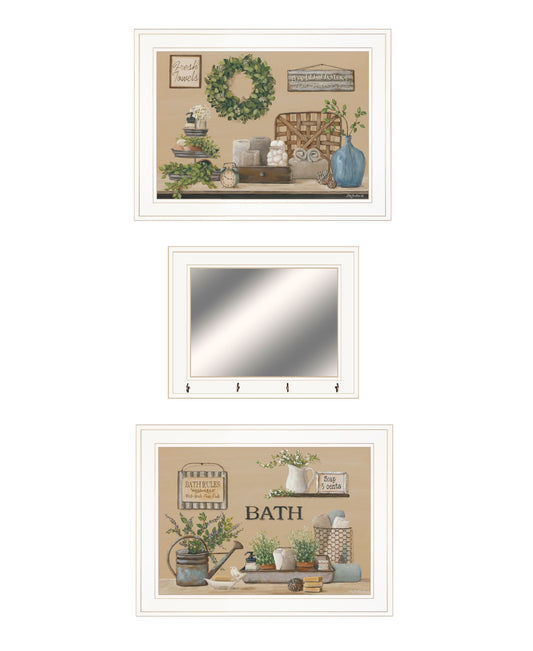 Set Of Three Bath Time 1 White Framed Print Bathroom Wall Art with Mirror