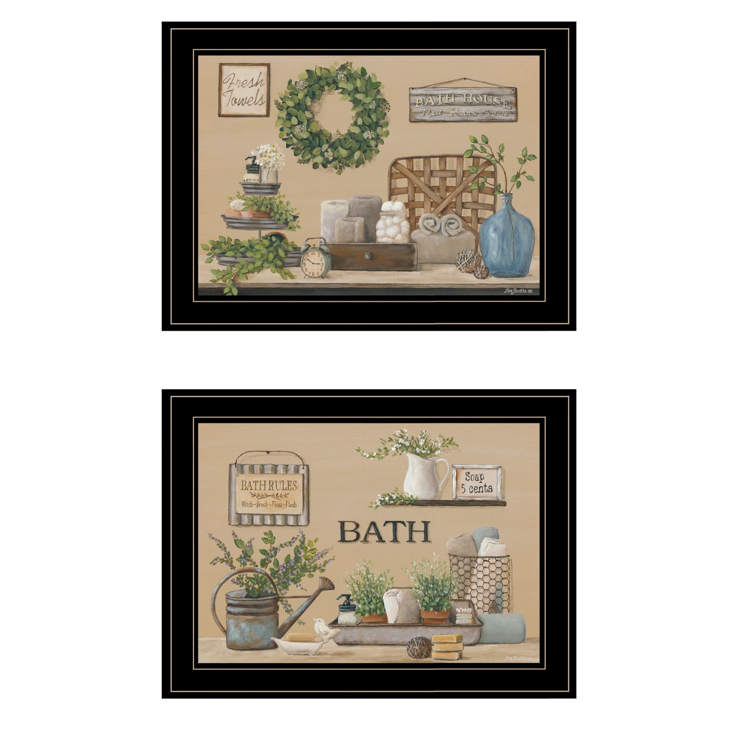 Set Of Two Bath Time 2 Black Framed Print Bathroom Wall Art