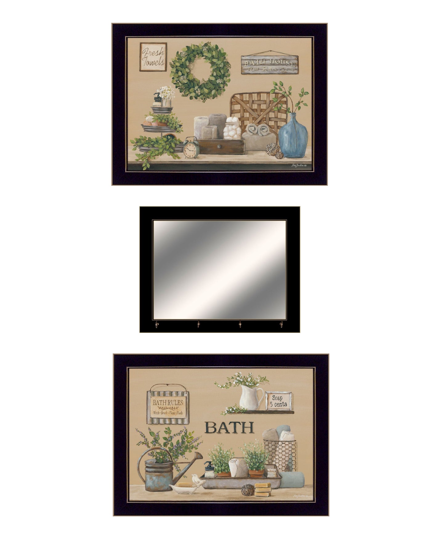 Set Of Three Bath Time 3 Black Framed Print Bath Wall Art with Mirror