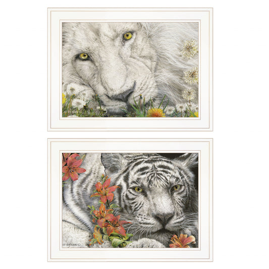 Set Of Two Tiger Lily Dandy Lion 1 White Framed Print Wall Art