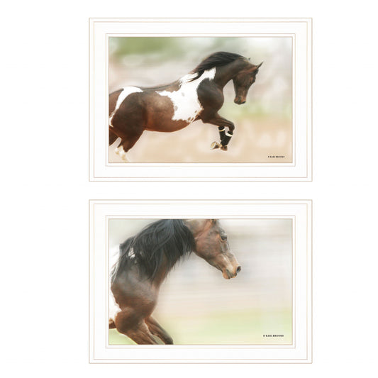 Set Of Two Wild Horses White Framed Print Wall Art