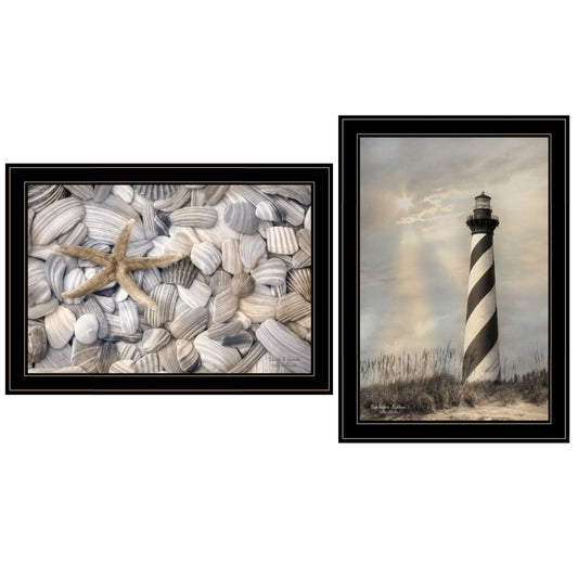 Set Of Two Cape Hatteras Lighthouse and Sea Shells 4 Black Framed Print Wall Art