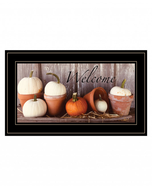 Welcome Pumpkin Shelf 2 Black Framed Print Wall Art