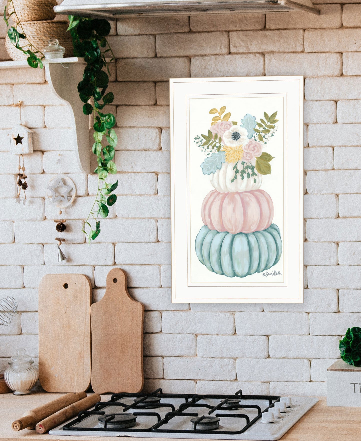 Floral Pumpkins White Framed Print Wall Art