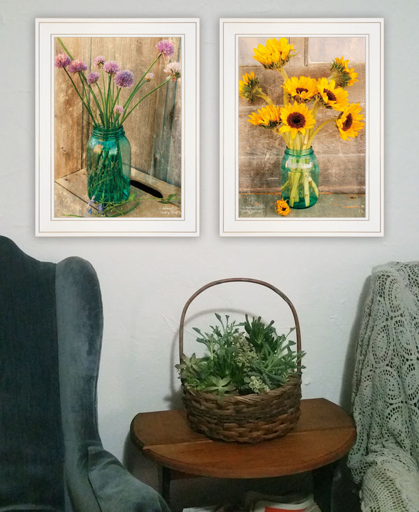 Set Of Two Country Sunflowers And Chives 1 White Framed Print Wall Art