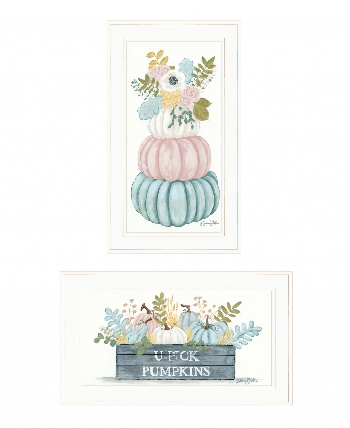 Set Of Two Floral Pumpkins 1 White Framed Print Wall Art