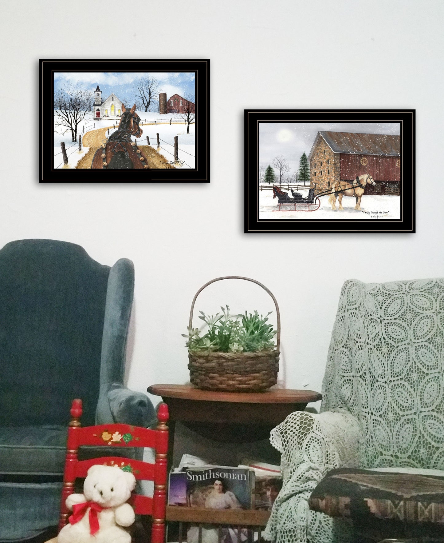 Set Of Two Sleigh Bells Ringing White Framed Print Wall Art