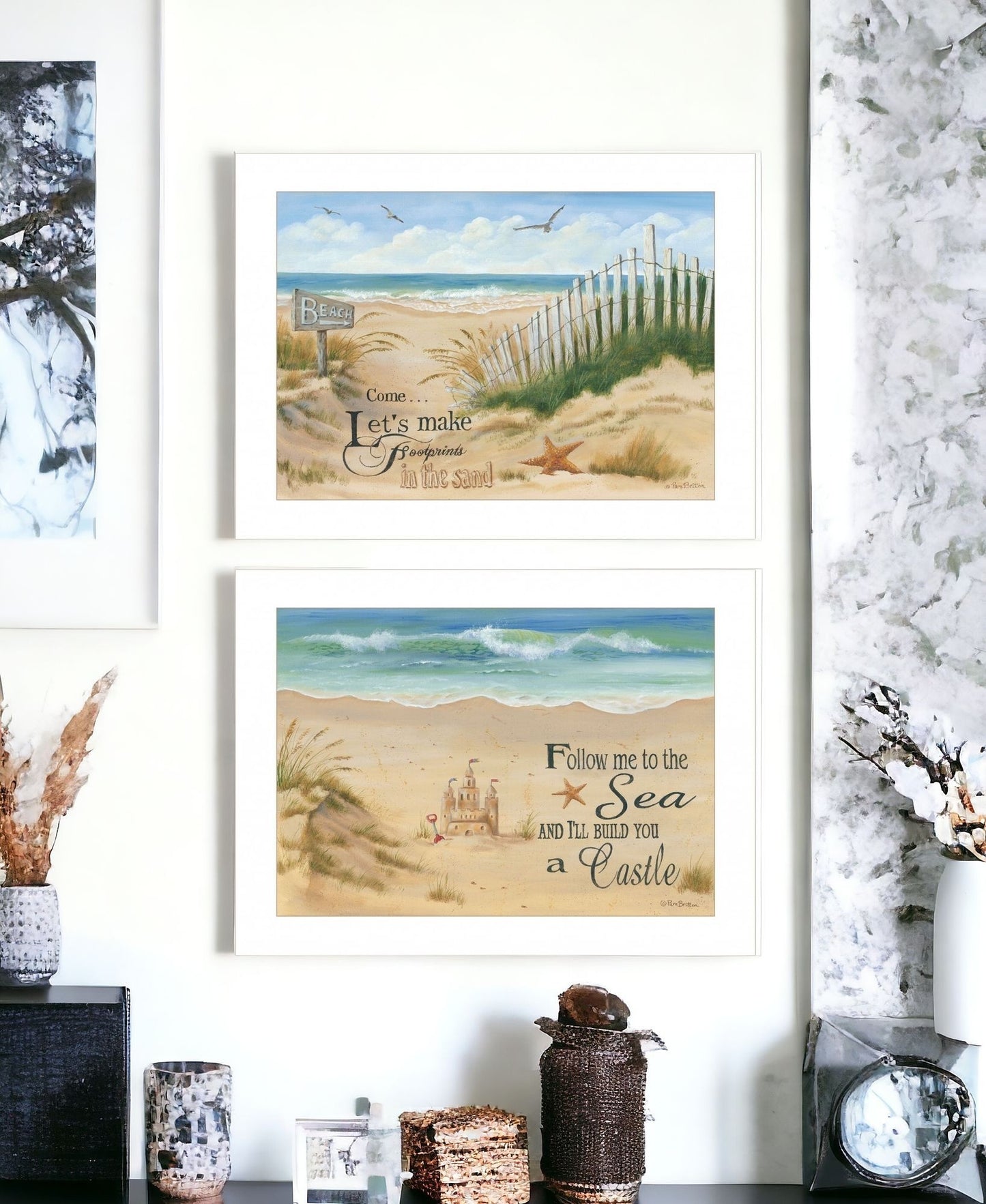 Set Of Two Sand Castle and Footprints 1 White Framed Print Wall Art