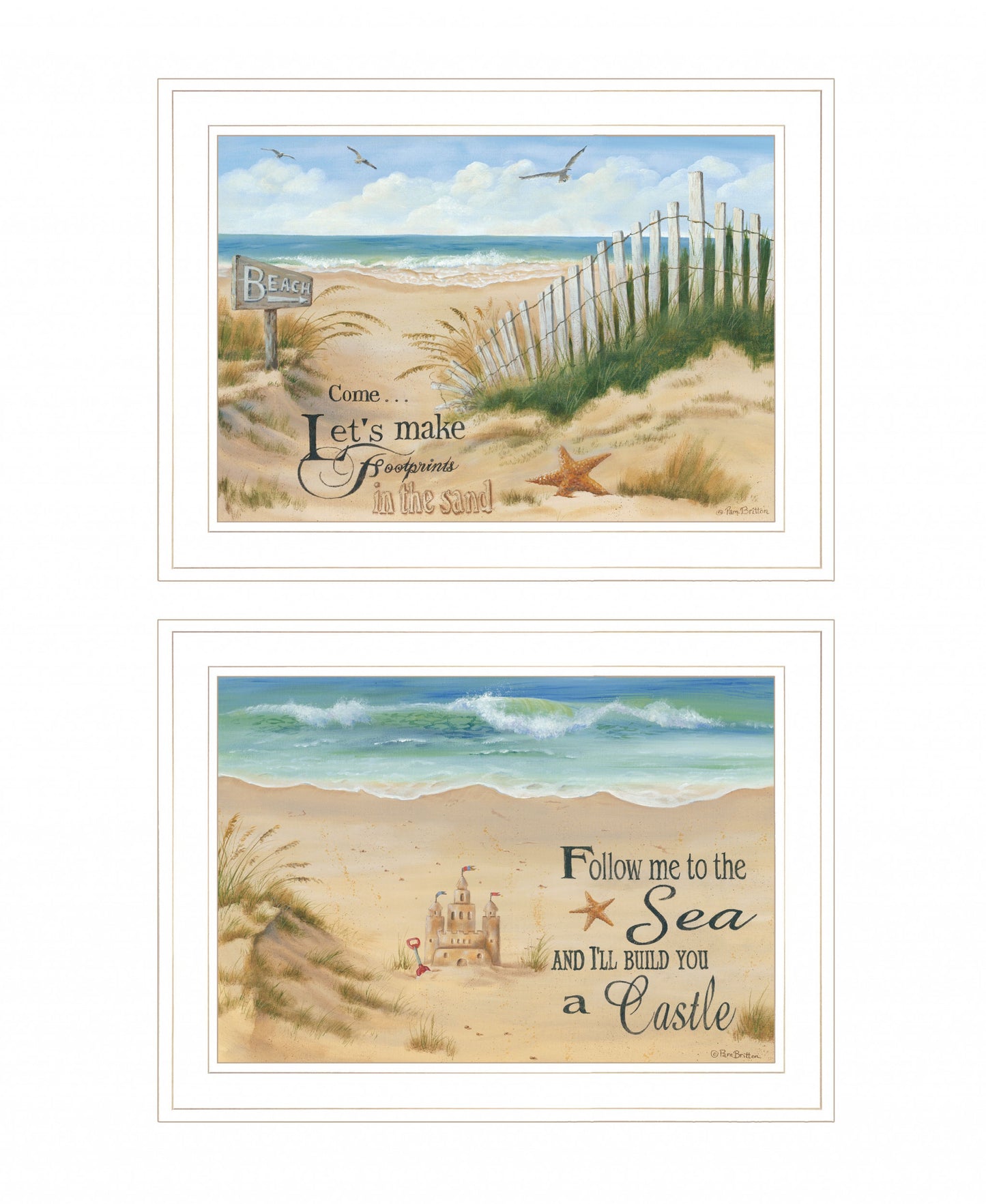 Set Of Two Sand Castle and Footprints 2 White Framed Print Wall Art