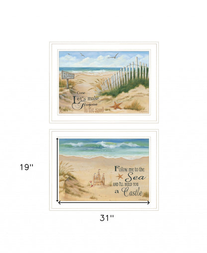 Set Of Two Sand Castle And Footprints 2 White Framed Print Wall Art