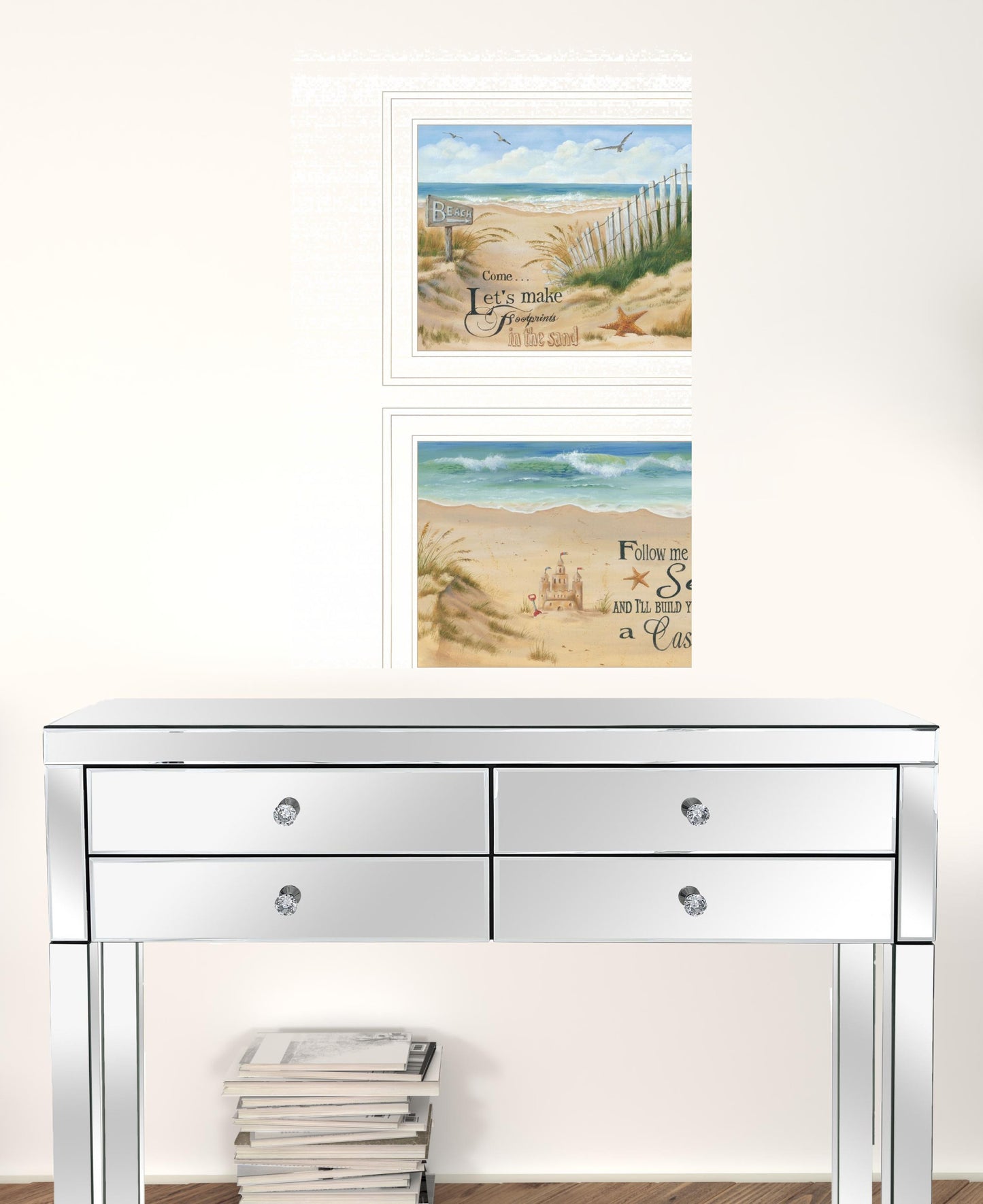 Set Of Two Sand Castle And Footprints 2 White Framed Print Wall Art