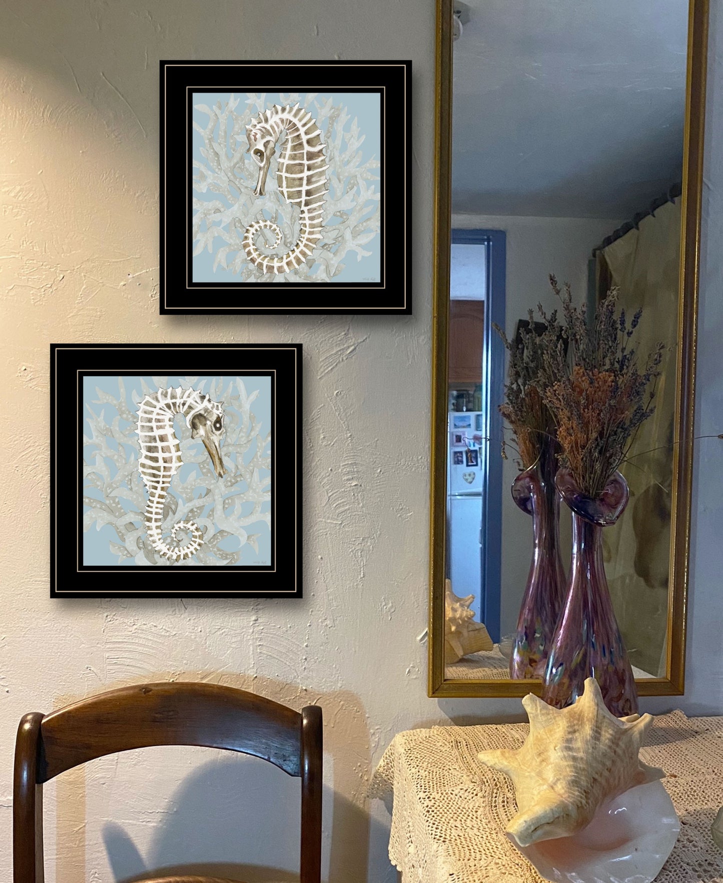 Set Of Two Coral Seahorse 1 Black Framed Print Wall Art