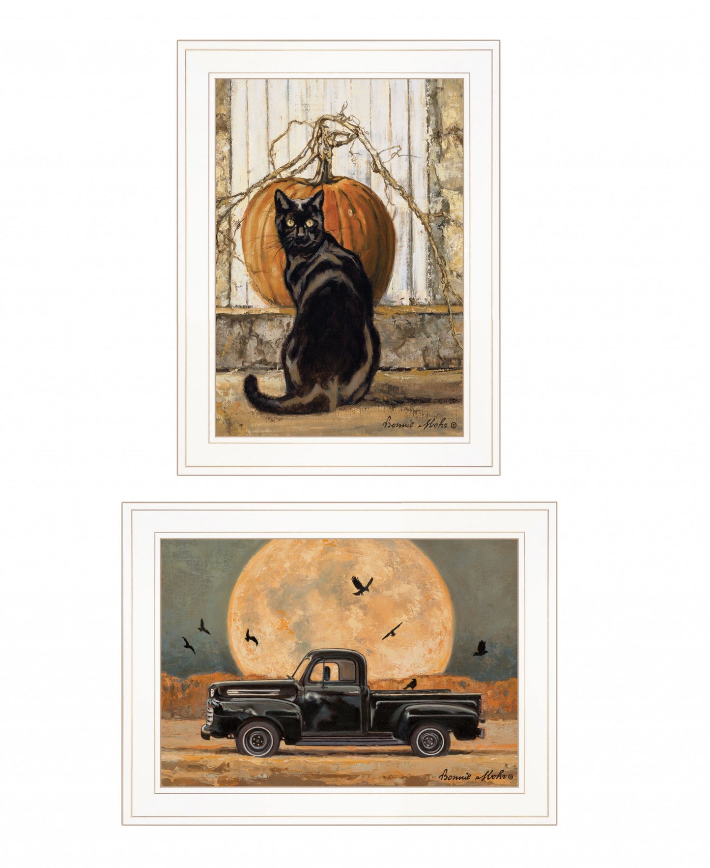 Set Of Two Harvest Moon with A Black Cat and Truck 1 White Framed Print Kitchen Wall Art