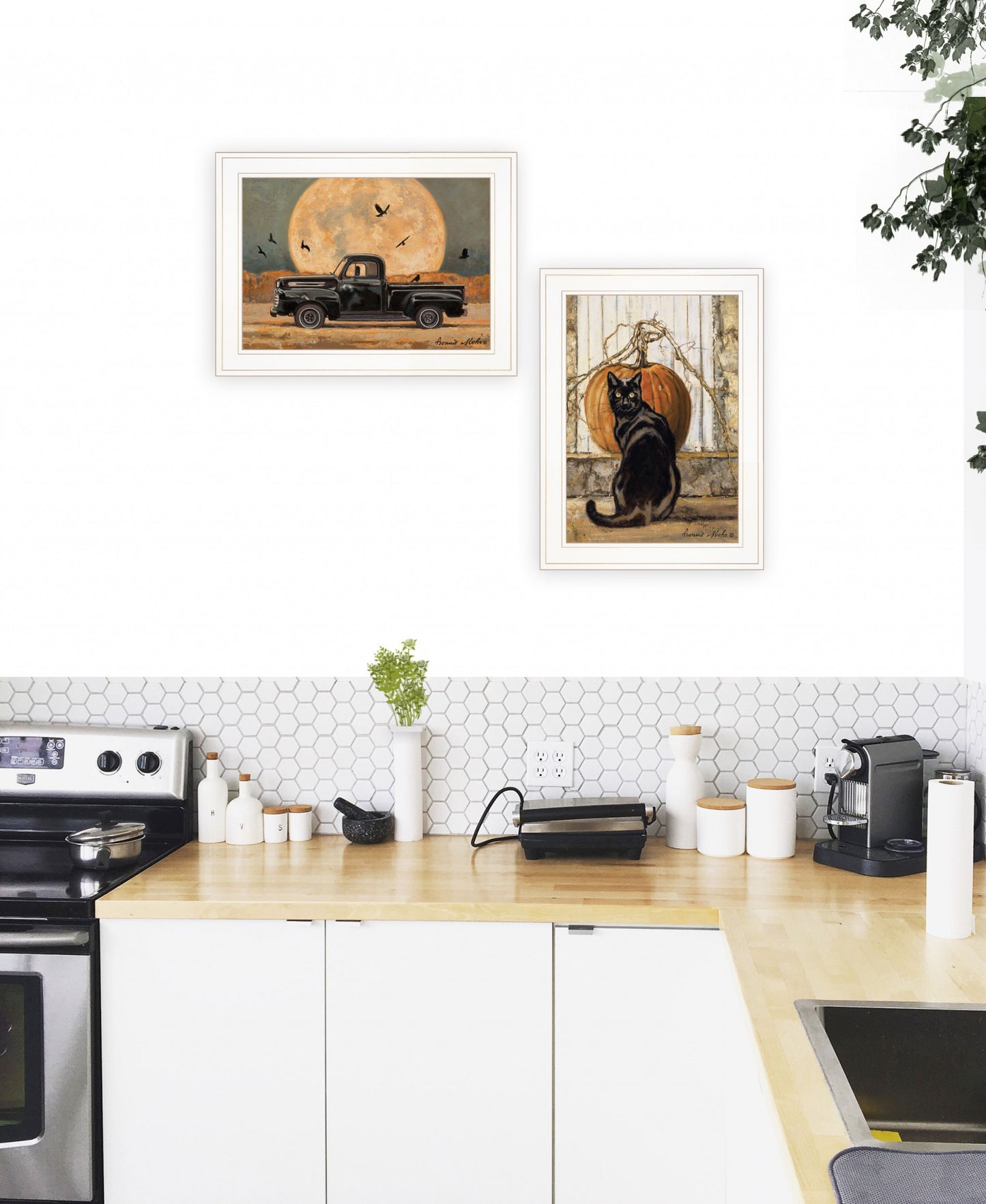 Set Of Two Harvest Moon With A Black Cat And Truck 1 White Framed Print Wall Art