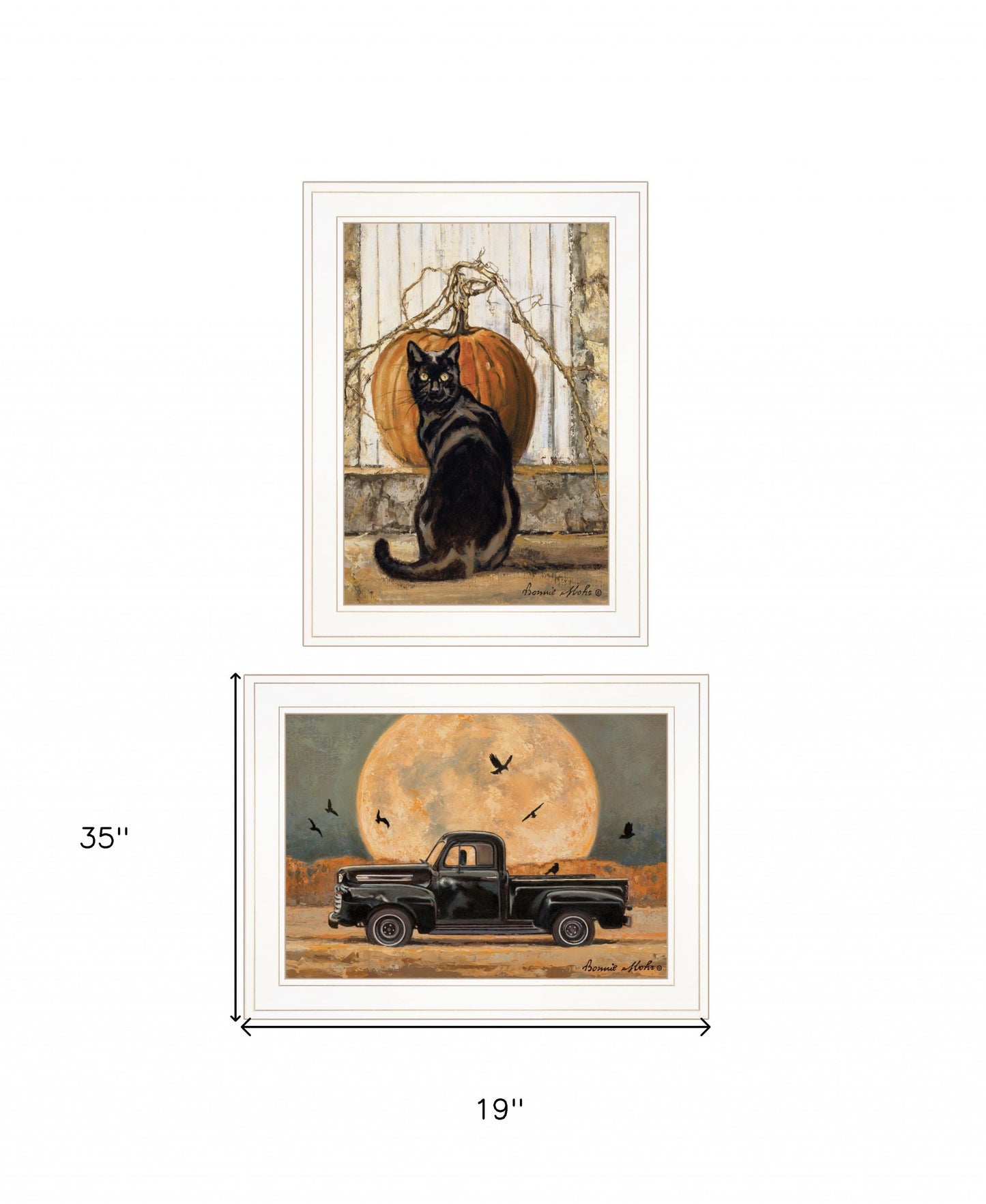 Set Of Two Harvest Moon With A Black Cat And Truck 1 White Framed Print Wall Art