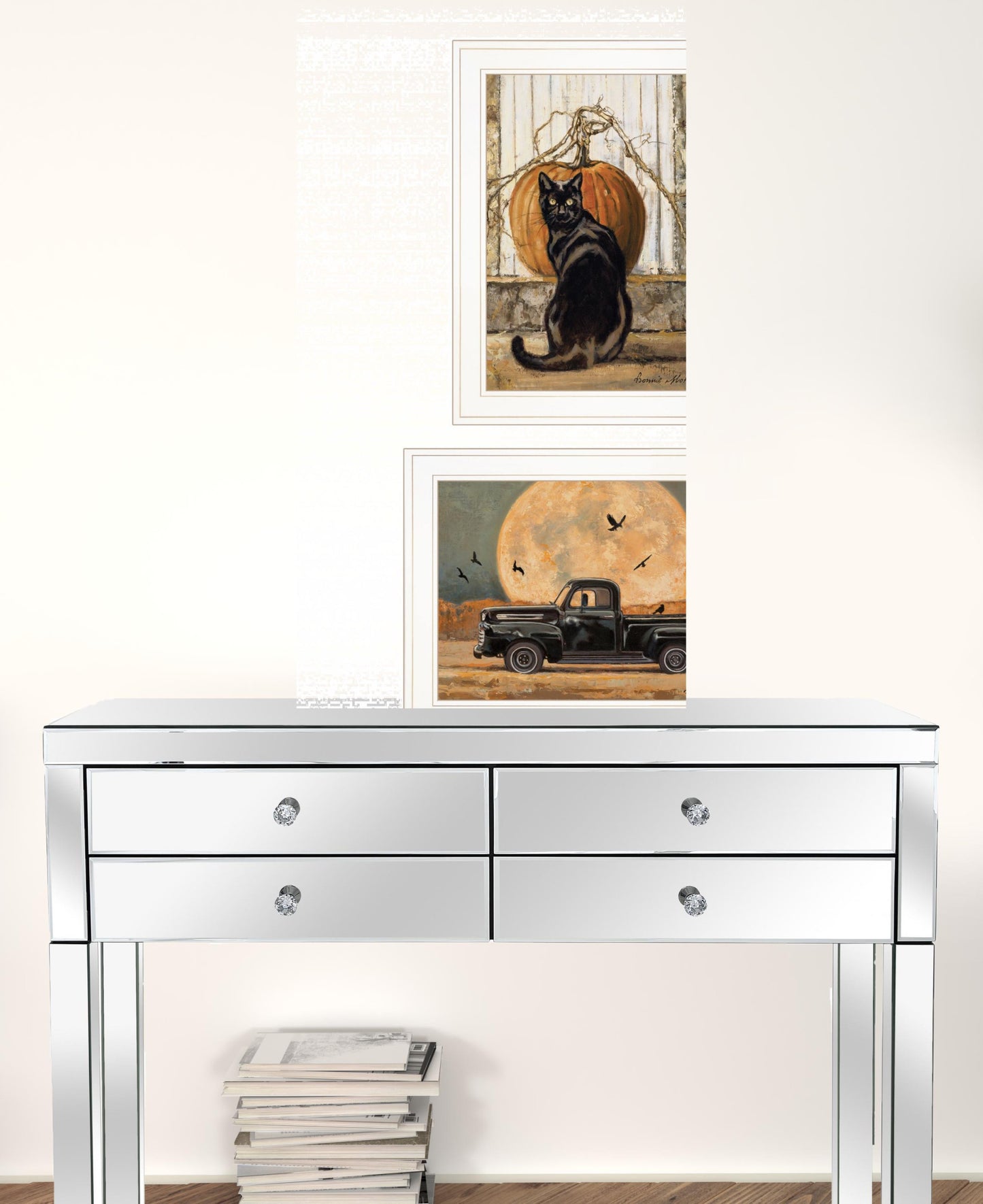 Set Of Two Harvest Moon with A Black Cat and Truck 1 White Framed Print Kitchen Wall Art