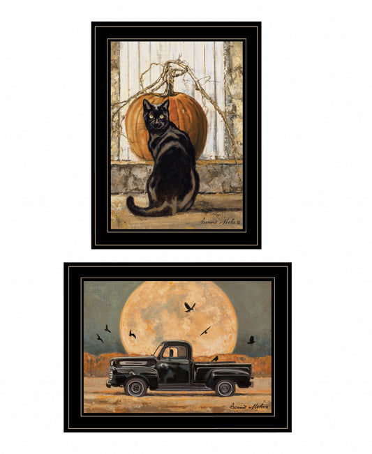 Set Of Two Harvest Moon With A Black Cat And Truck 2 Black Framed Print Wall Art