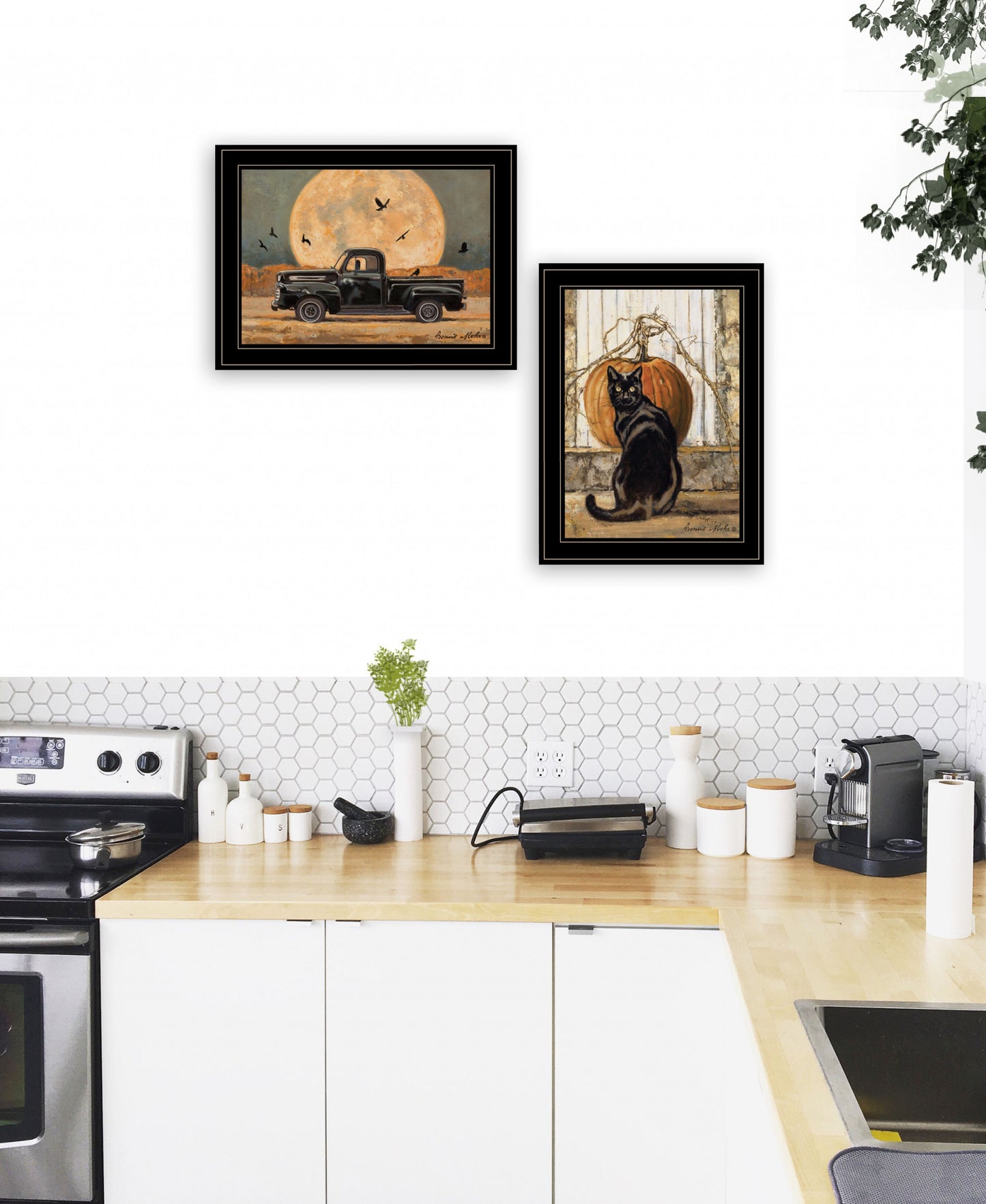 Set Of Two Harvest Moon with A Black Cat and Truck 2 Black Framed Print Kitchen Wall Art