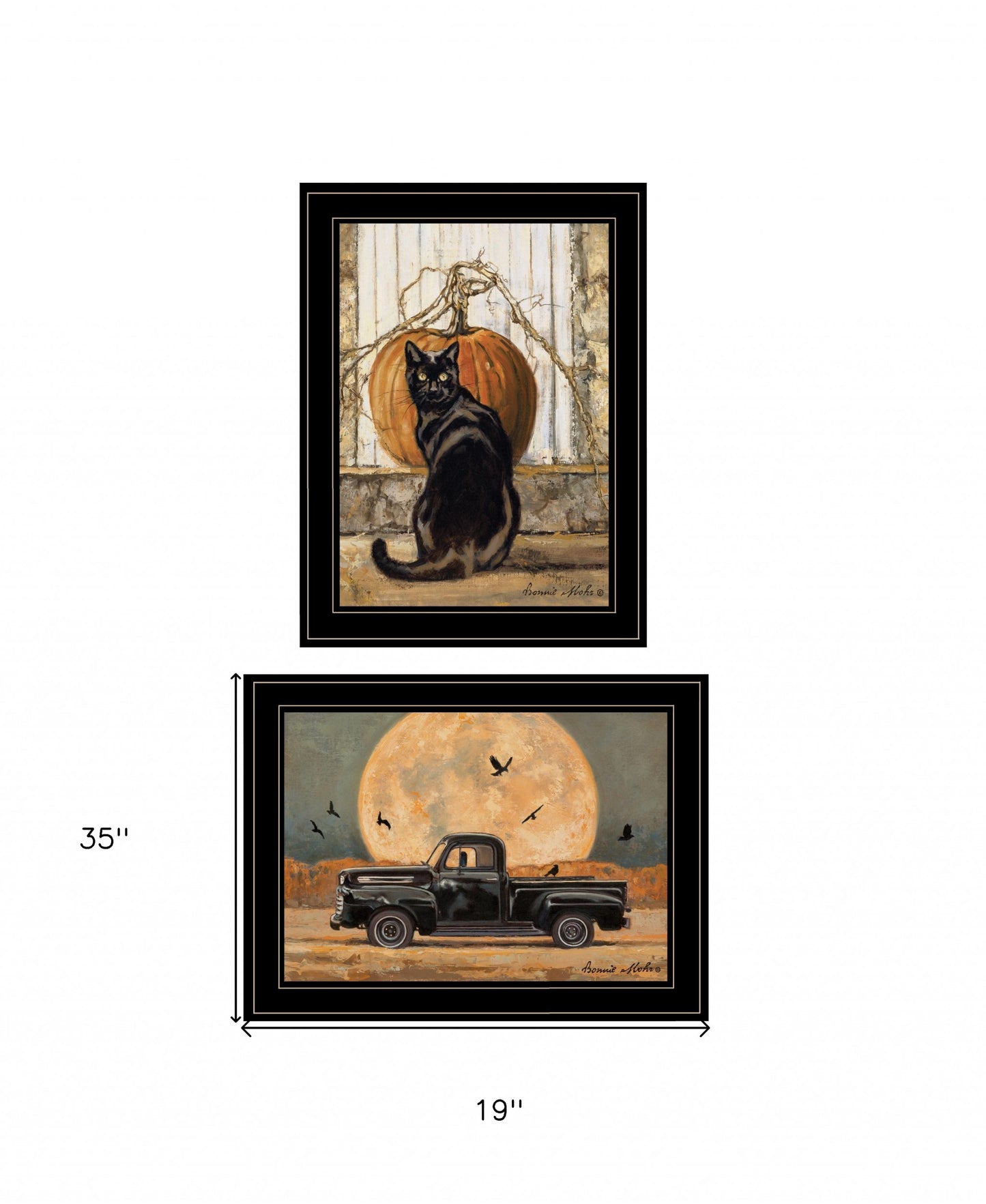 Set Of Two Harvest Moon with A Black Cat and Truck 2 Black Framed Print Kitchen Wall Art