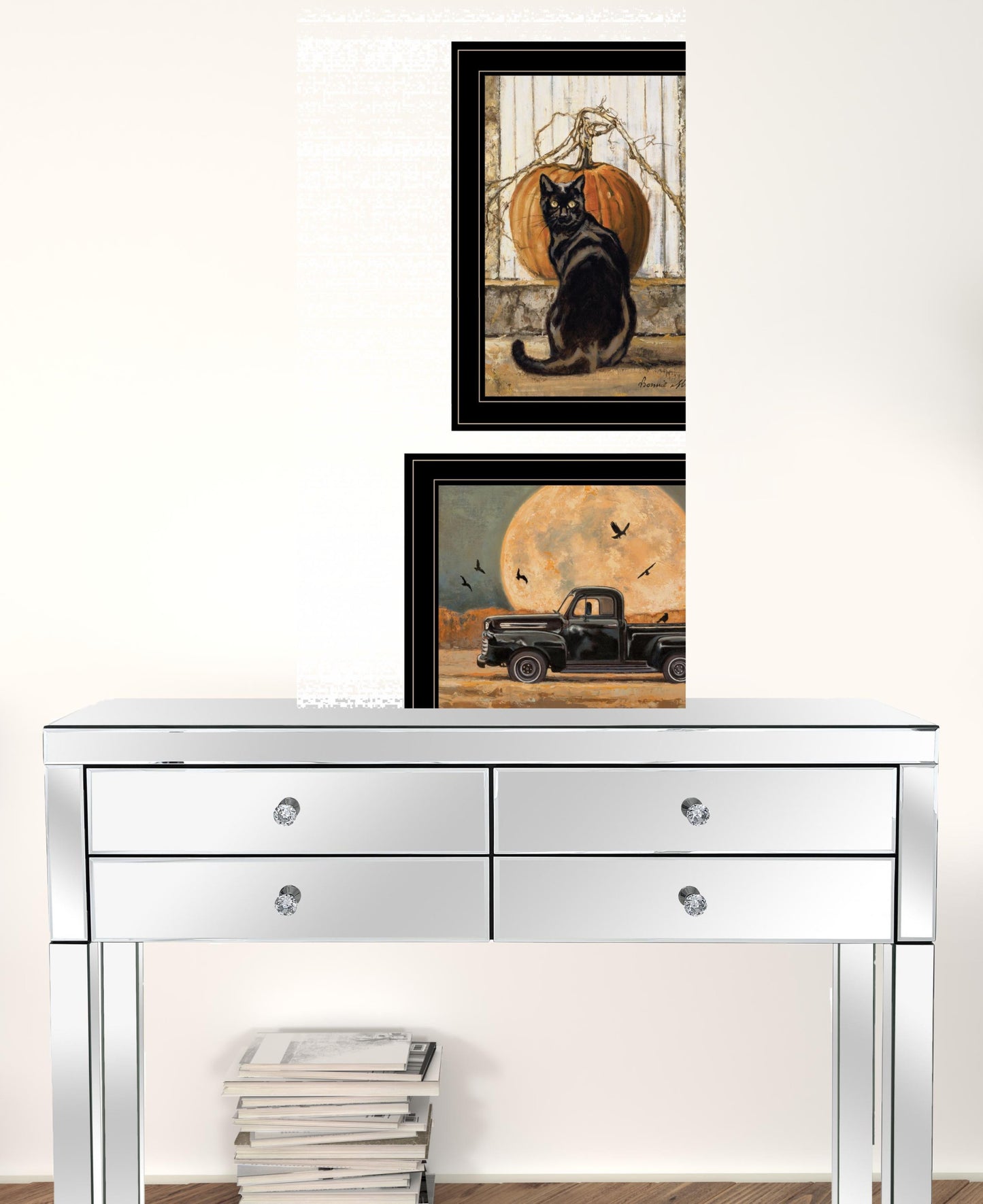 Set Of Two Harvest Moon with A Black Cat and Truck 2 Black Framed Print Kitchen Wall Art