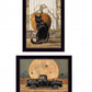 Set Of Two Harvest Moon With A Black Cat And Truck 2 Black Framed Print Wall Art