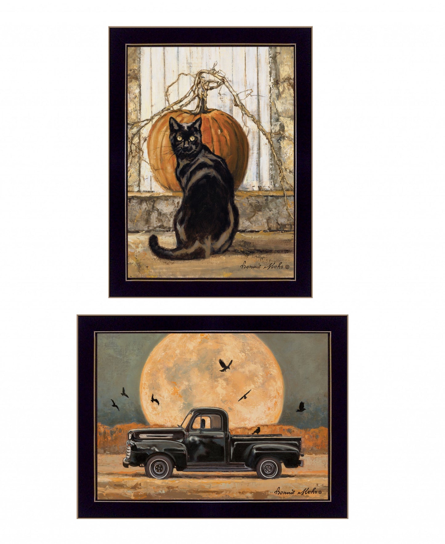 Set Of Two Harvest Moon With A Black Cat And Truck 2 Black Framed Print Wall Art