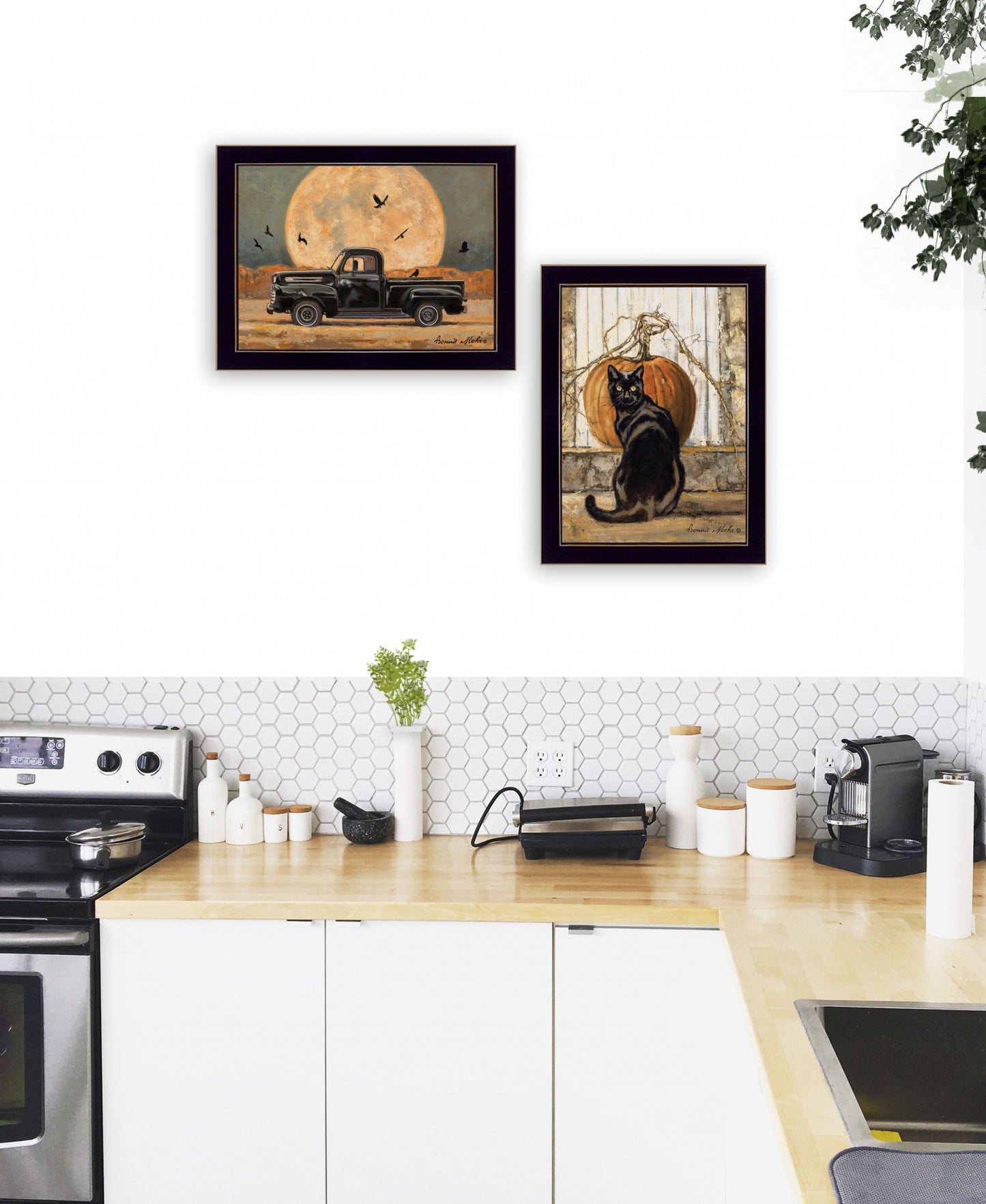 Set Of Two Harvest Moon With A Black Cat And Truck 2 Black Framed Print Wall Art