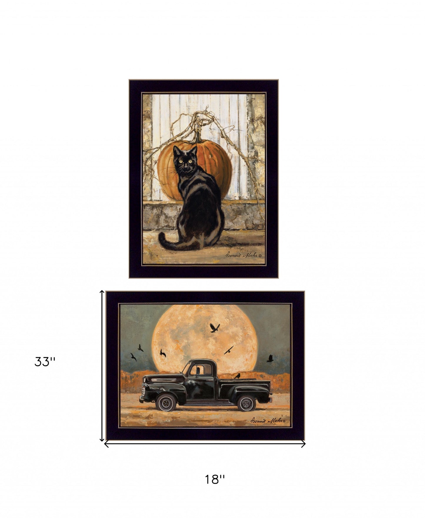 Set Of Two Harvest Moon With A Black Cat And Truck 2 Black Framed Print Wall Art