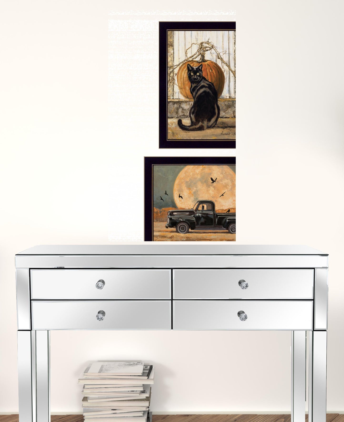 Set Of Two Harvest Moon with A Black Cat and Truck 2 Black Framed Print Kitchen Wall Art