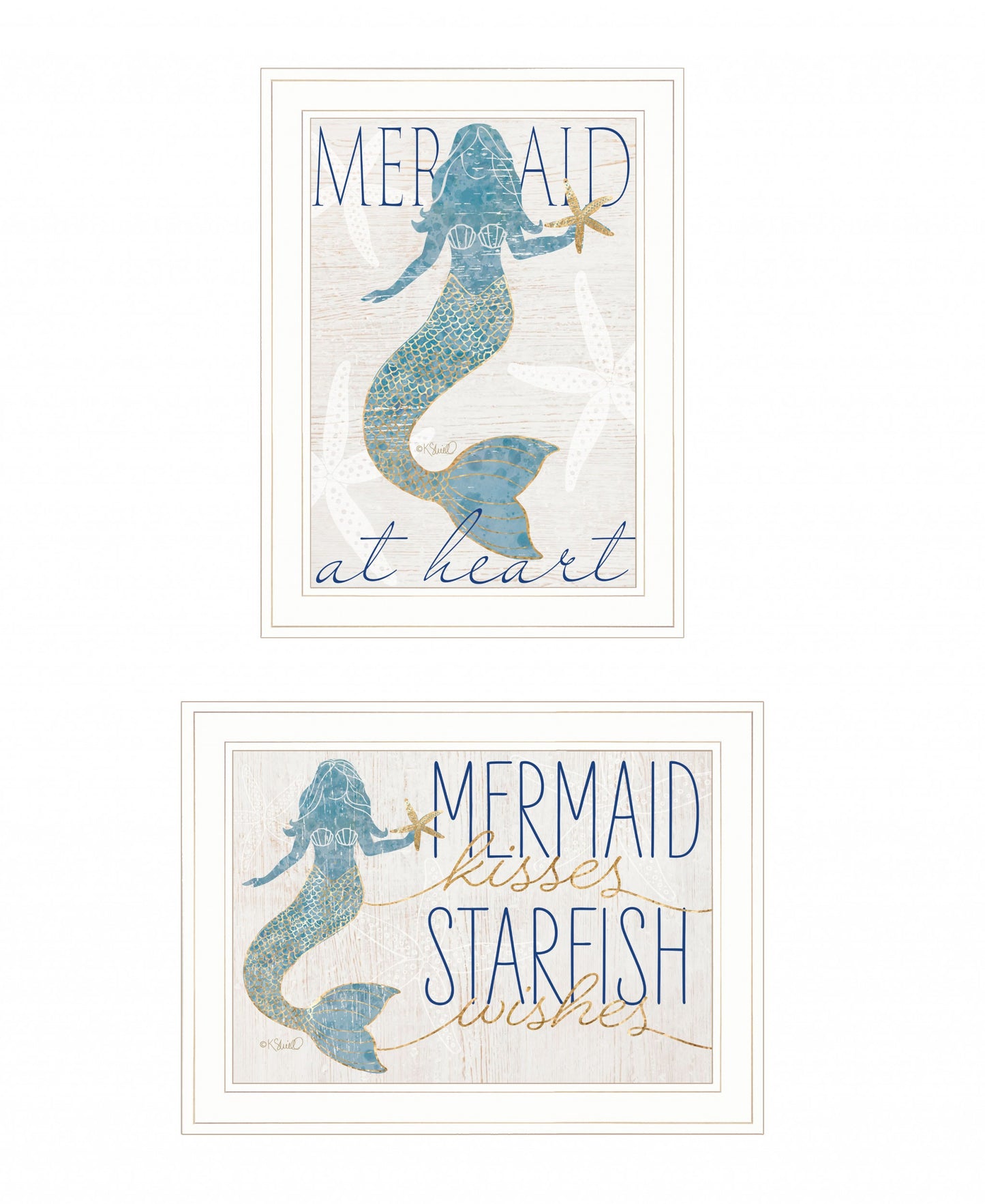 Set Of Two Two Mermaids 2 White Framed Print Wall Art