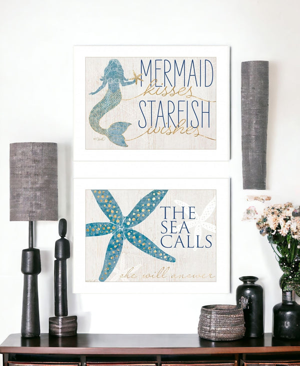 Set Of Two Mermaid Kisses Starfish Wishes 1 White Framed Print Wall Art