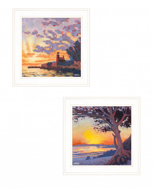 Set Of Two Carmel Beach and Lighthouse 1 White Framed Print Wall Art