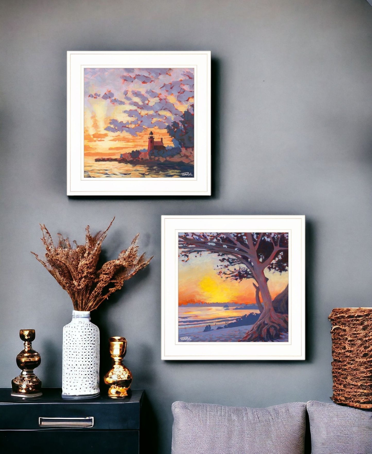 Set Of Two Carmel Beach and Lighthouse 1 White Framed Print Wall Art