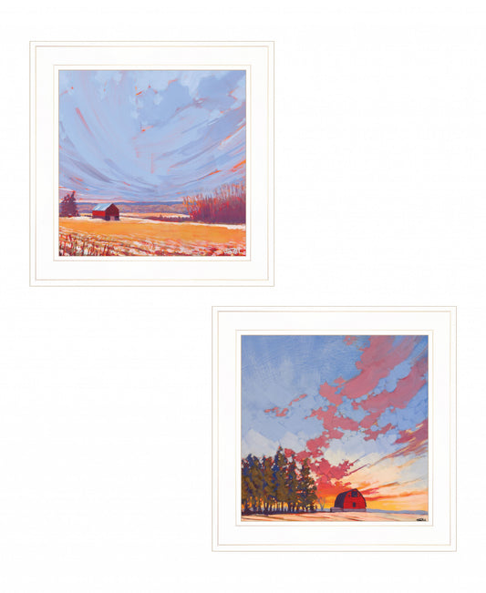 Set Of Two Scenic Landscapes With Barns 1 White Framed Print Wall Art