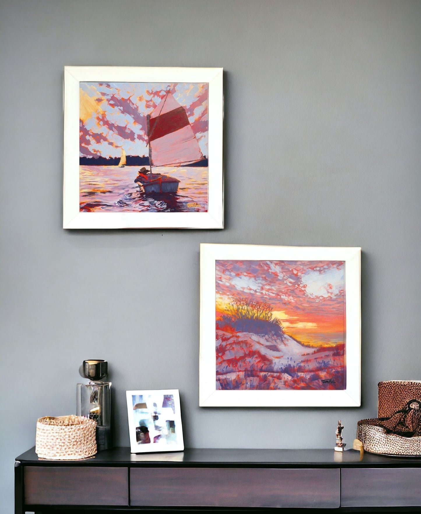 Set Of Two Jones Beach And Sailboat 1 White Framed Print Wall Art