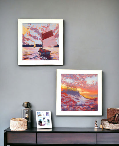 Set Of Two Jones Beach and Sailboat 1 White Framed Print Wall Art