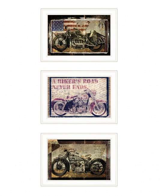 Set Of Three Classical Motorcycle 1 White Framed Print Wall Art