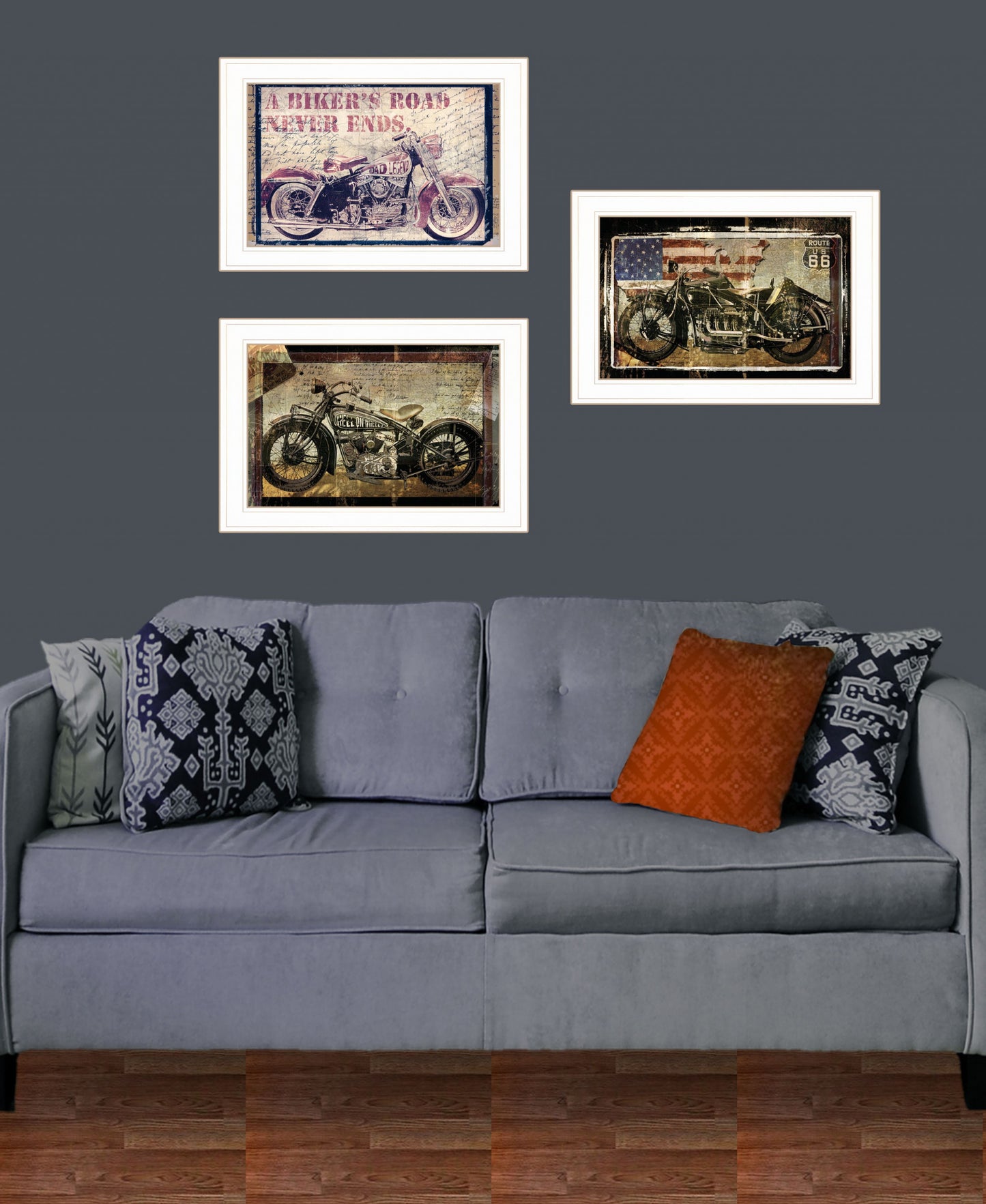 Set Of Three Classical Motorcycle 1 White Framed Print Wall Art