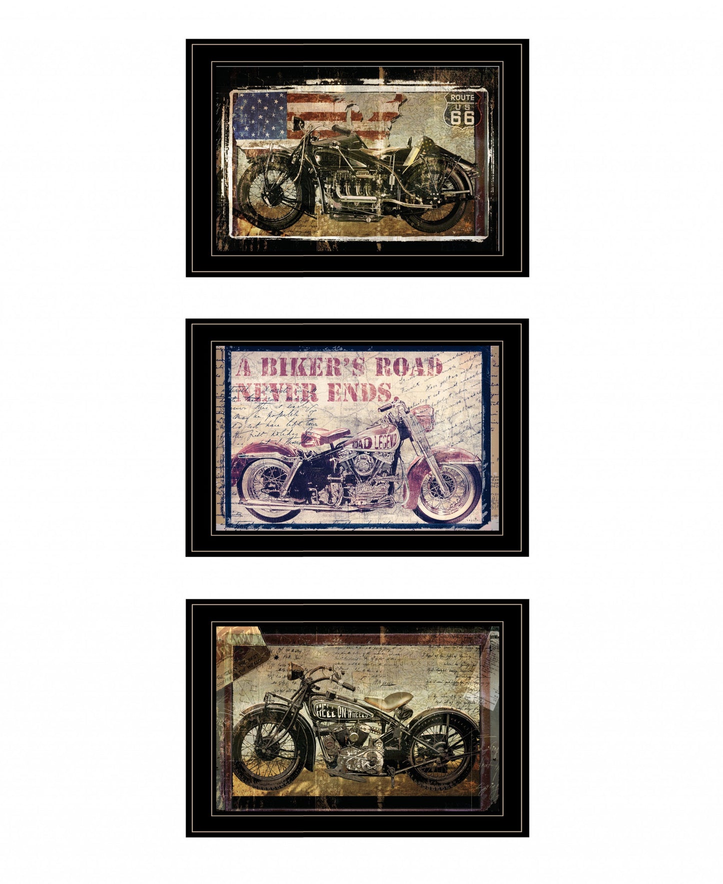 Set Of Three Classical Motorcycle Collection 3-Piece 2 Black Framed Print Wall Art