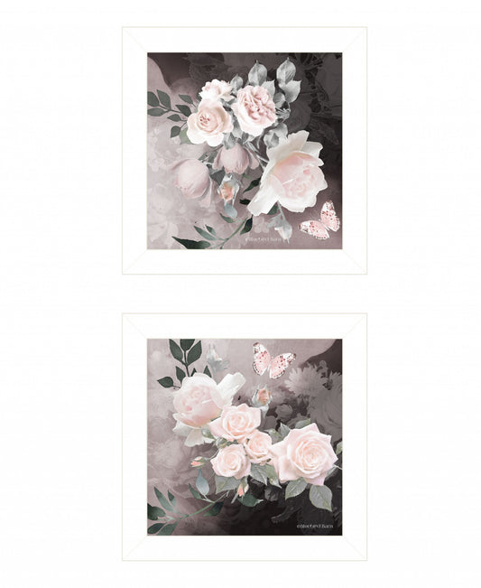 Set Of Two Noir Roses 5 White Framed Print Wall Art