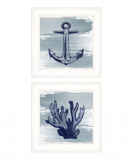 Set Of Two The Beach Coastal 1 White Framed Print Wall Art