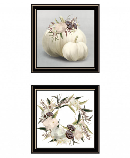 Set Of Two BOHO Pumpkins and Flowers 1 Black Framed Print Wall Art