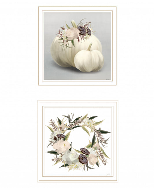 Set Of Two BOHO Pumpkins and Flowers 2 White Framed Print Wall Art