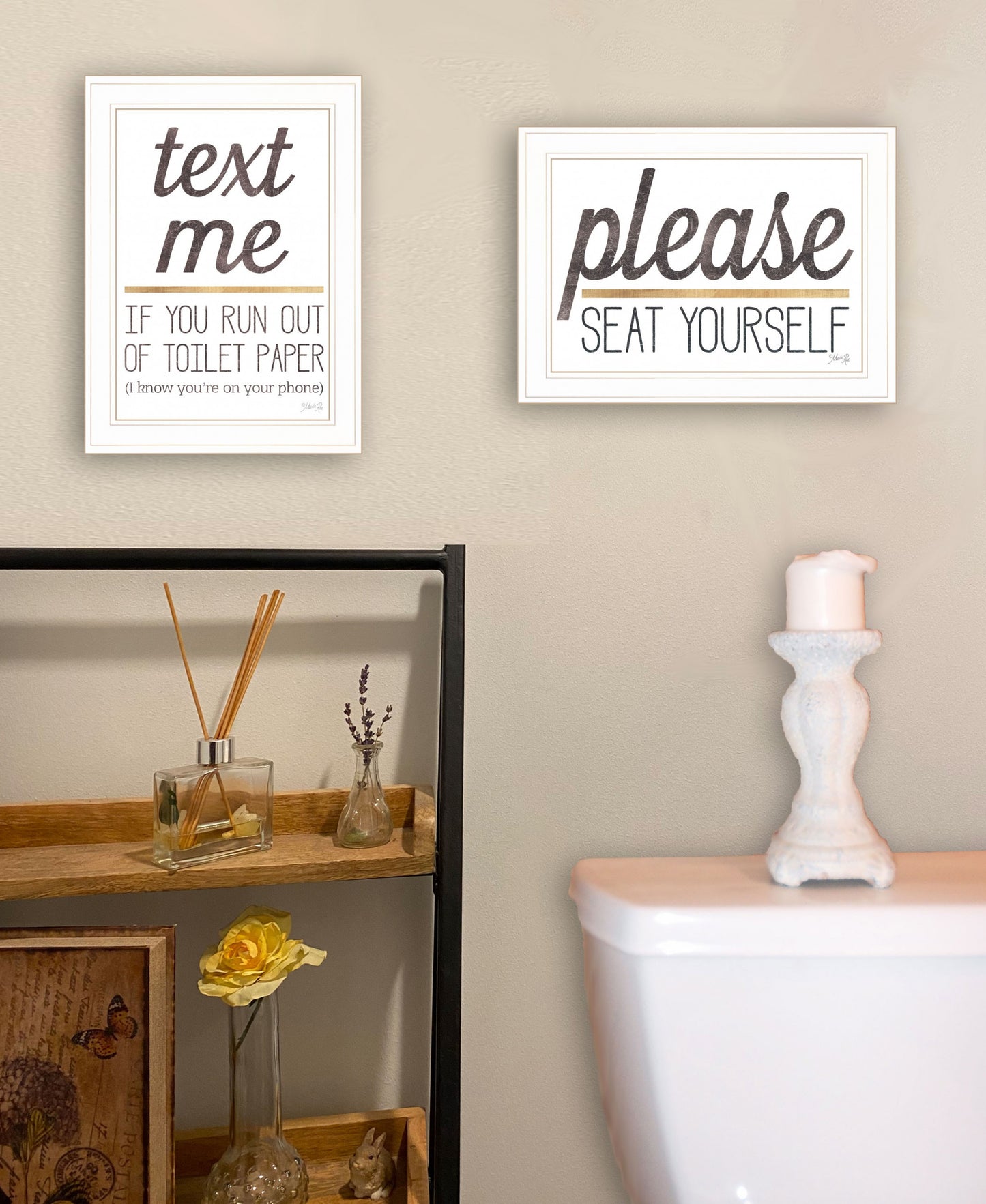 Set Of Two Text Me If You Run Out of Toilet Paper While Seated 1 White Framed Print Wall Art